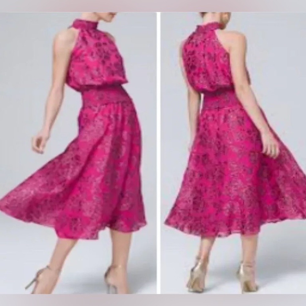 NWT Merien Hall sz 14 Pink Pattern Smocked Waist Sleeveless Halter Dress NEW